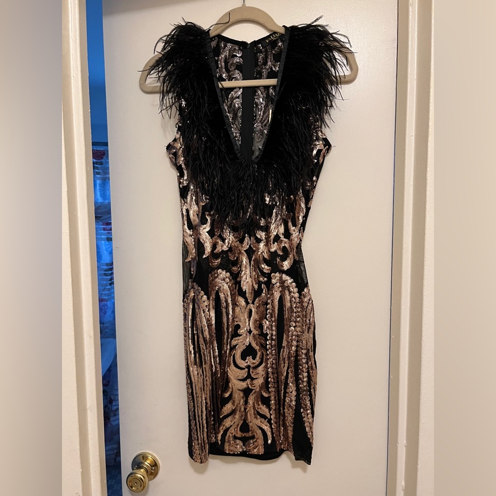Valiant Paris Sequin Feather Dress Black and Gold